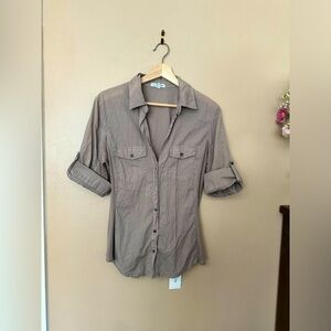 James Perse women’s casual button up 3/4 roll sleeve SZ XL (4) Tan stretch